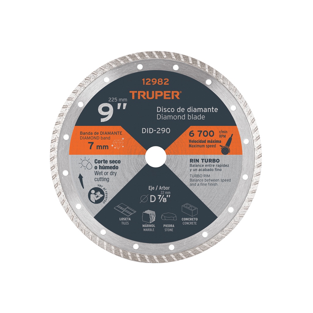 Disco de diamante de 9' x 3 mm, rin turbo, TRUPER
