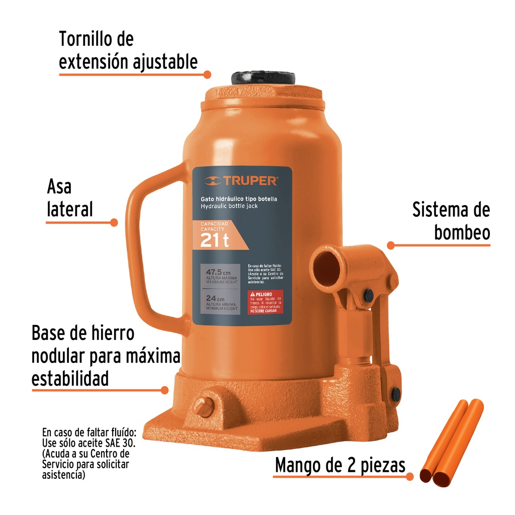 Gato hidráulico de botella de 21 Ton, TRUPER