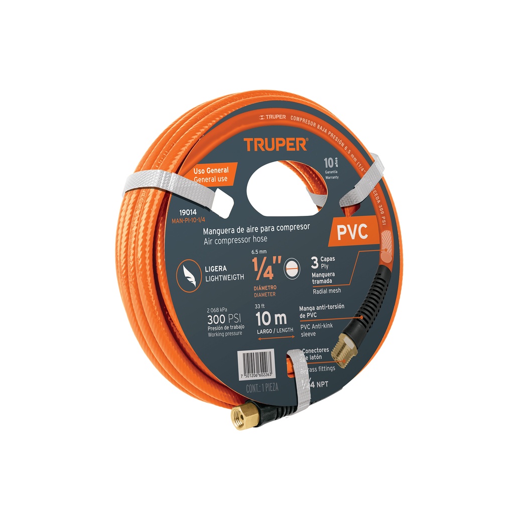 Manguera para compresor, de PVC, 10m x 1/4', TRUPER