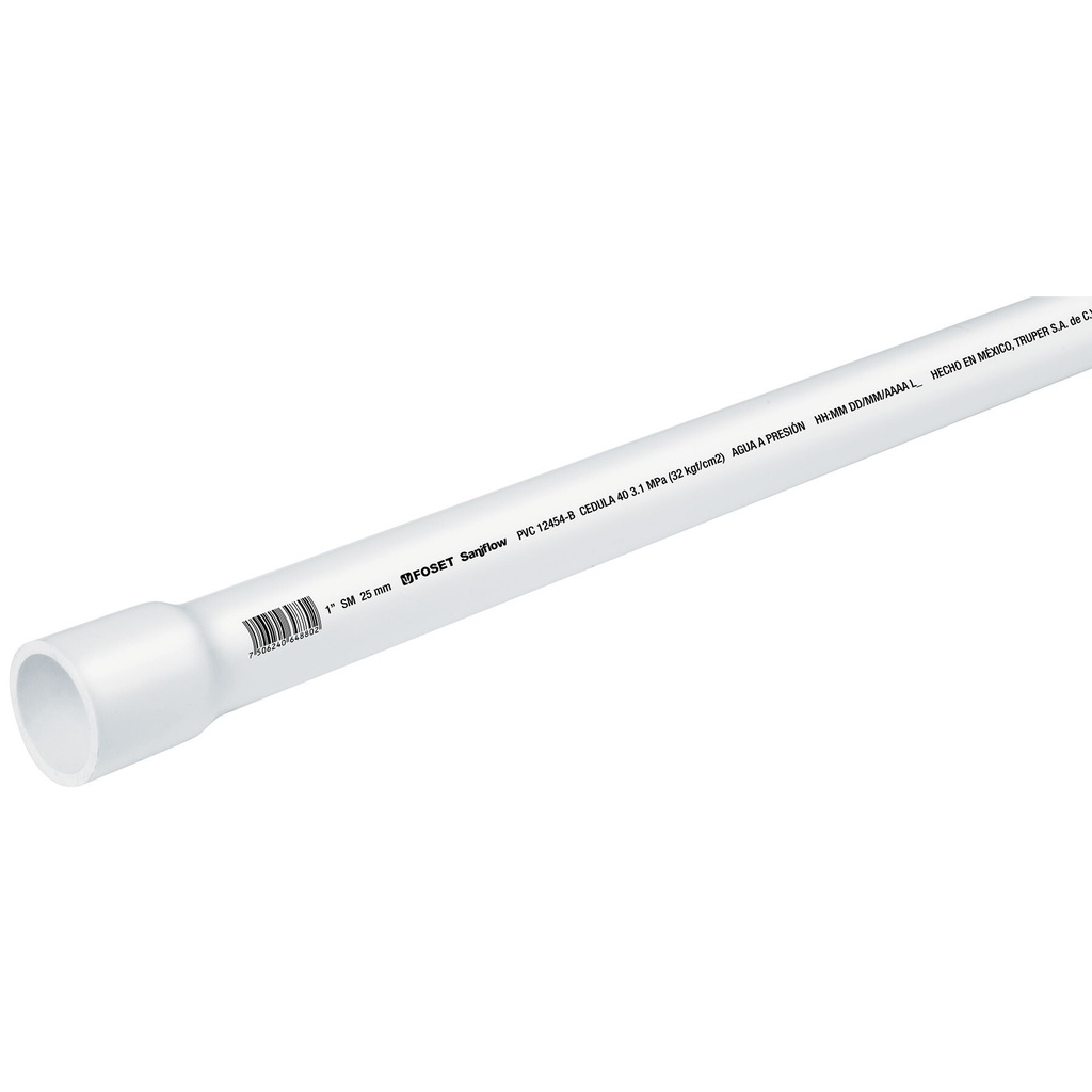 Tubo de 1' PVC hidráulico cédula 40, 3m, 1.4kg, FOSET