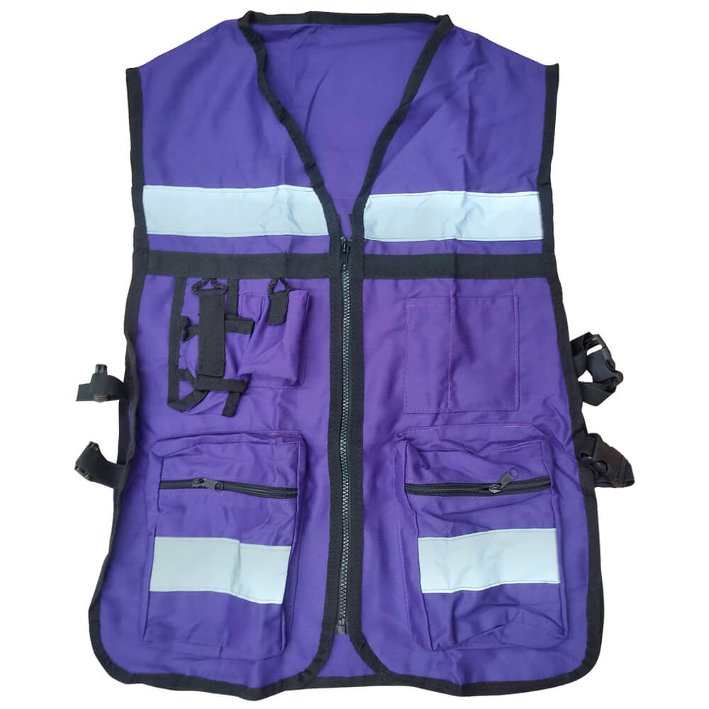 Chaleco brigadista morado reflejante con bolsa tu
