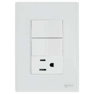 Placa 3 ventanas con 2 apagadores sencillos y contacto 2p+t blanco Cristal Igoto