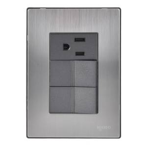 Placa 3 ventanas con 2 apagadores sencillos y contacto 2p+t negro Inox Igoto