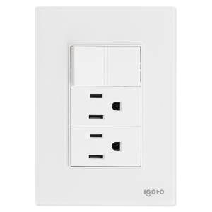 Placa 3 ventanas con 2 contactos 2p+t y apagador sencillo blanco Cristal Igoto