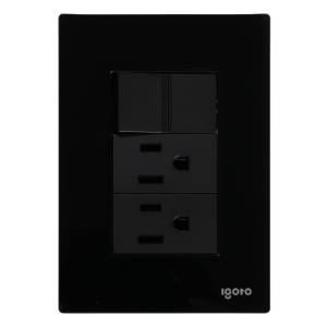 Placa 3 ventanas con 2 contactos 2p+t y apagador sencillo negro Cristal Igoto