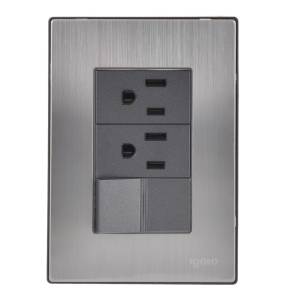 Placa 3 ventanas con 2 contactos 2p+t y apagador sencillo negro Inox Igoto