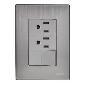 [INOX1003] Placa 3 ventanas con 2 contactos 2p+t y apagador sencillo plata Inox Igoto