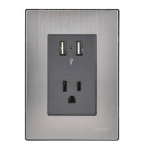 [INOX2006] Placa 3 ventanas con 2 contactos USB y contactos 2p+t negro Inox Igoto
