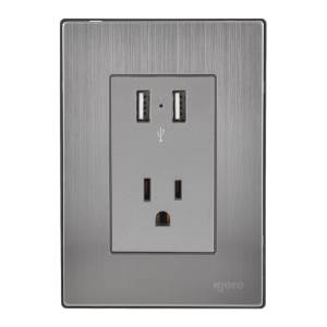 Placa 3 ventanas con 2 contactos USB y contactos 2p+t plata Inox Igoto