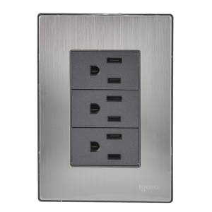 [INOX2004] Placa 3 ventanas con 3 contactos 2p+t negro Inox Igoto