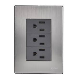 [INOX1004] Placa 3 Ventanas Con 3 Contactos 2P+T Plata Inox Igoto