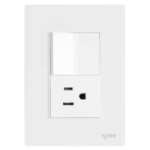 Placa 3 ventanas con apagador sencillo y contacto 2p+t blanco Cristal Igoto