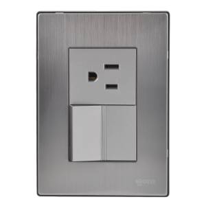 Placa 3 ventanas con apagador sencillo y contacto 2p+t plata Inox-1.5 Igoto