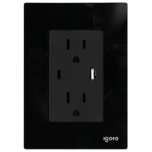 Placa 3 ventanas con toma USB y USB-C negro Cristal Igoto