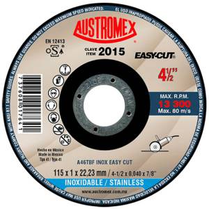 Disco corte de acero inoxidable 4-1/2" x 1" x 7/8" easy cut 2015 Austromex