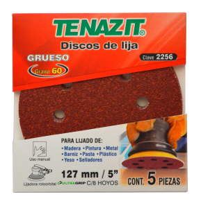 [2256_1] Paquete 5 discos de lija con 8 hoyos fijacion VELCRO Premium de 5" grado 60 2256 Austromex