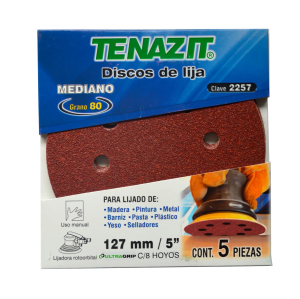 Paquete 5 discos de lija con 8 hoyos fijacion VELCRO Premium de 5" grado 80 2257 Austromex