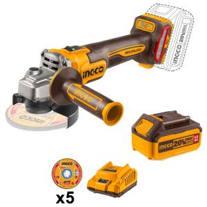 [UCAGLI261521 / 102872] Esmeriladora Angular 4-1/2" 20V 900W Bateria 4Ah/Cargador/5 Discos Bl Ingco