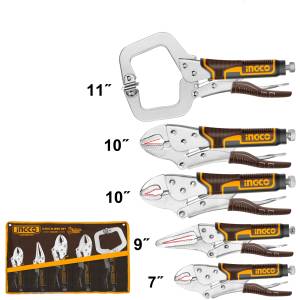 Juego 5 pinzas presion mango con grip estuche tela Ingco