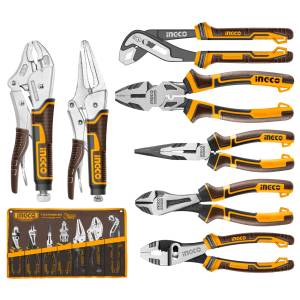 [COS23036] Juego 7 pinzas mango con grip 8" a 10" CrV estuche tela Ingco