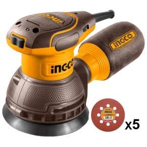 Lijadora roto orbital 5" 320w 8000-1300rpm con 5 discos Ingco