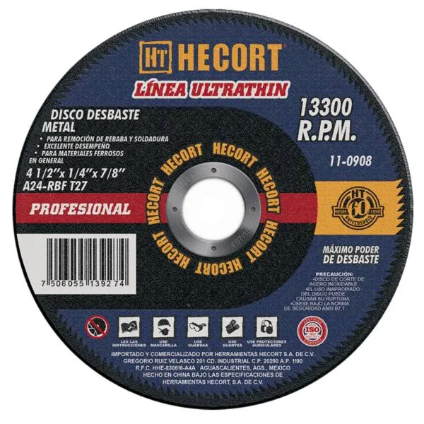 Disco desbaste metal T27 4-1/2" x 1/4" x 7/8" Hecort