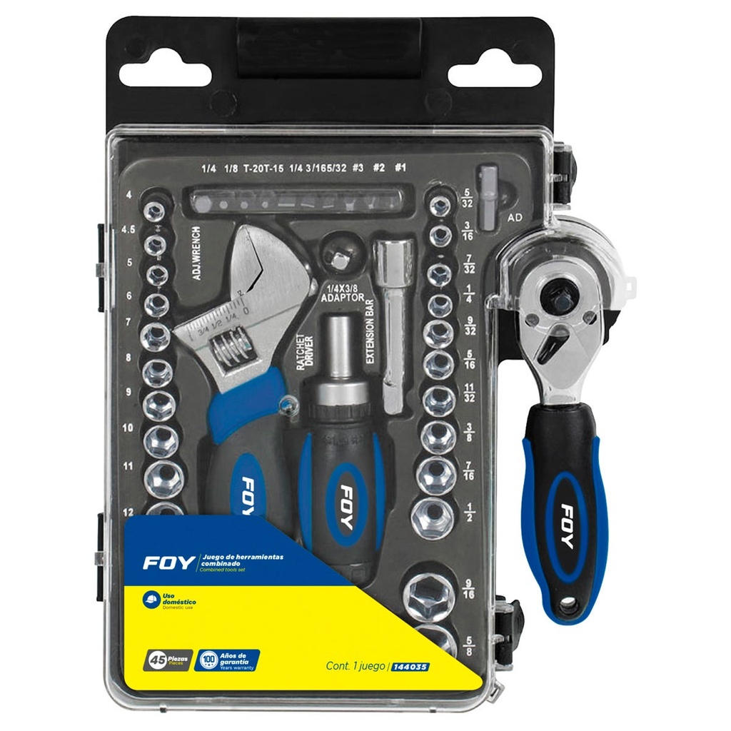 Juego combinado de herramienta 45 piezas, con estuche plástico Foy