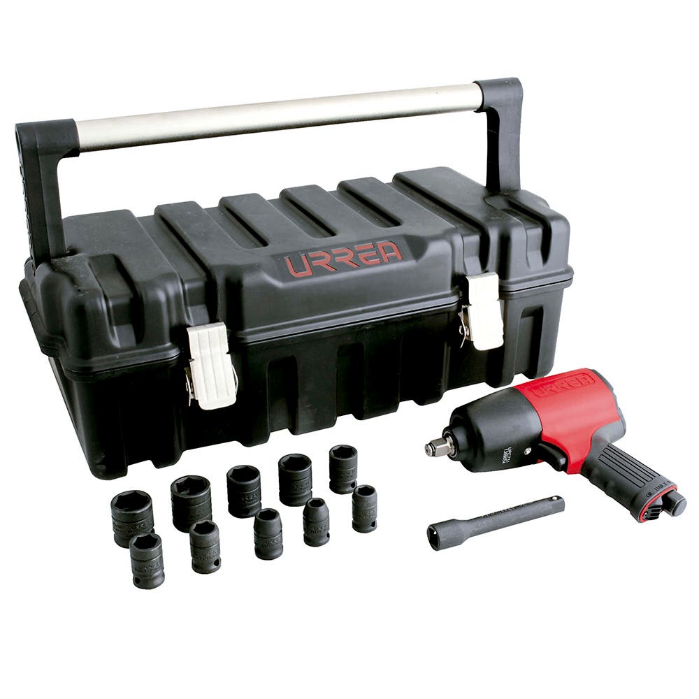 Juego de pistola de impacto neumática cuadro de 1/2" y accesorios en pulgada 13 piezas Urrea
