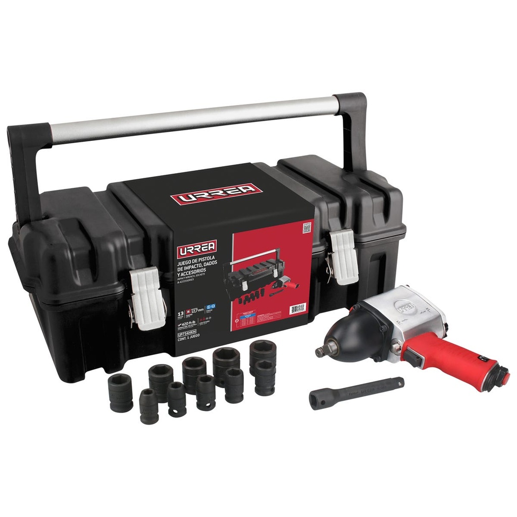 Juego de pistola de impacto neumática cuadro de 1/2" y accesorios métricos, 13 piezas Urrea