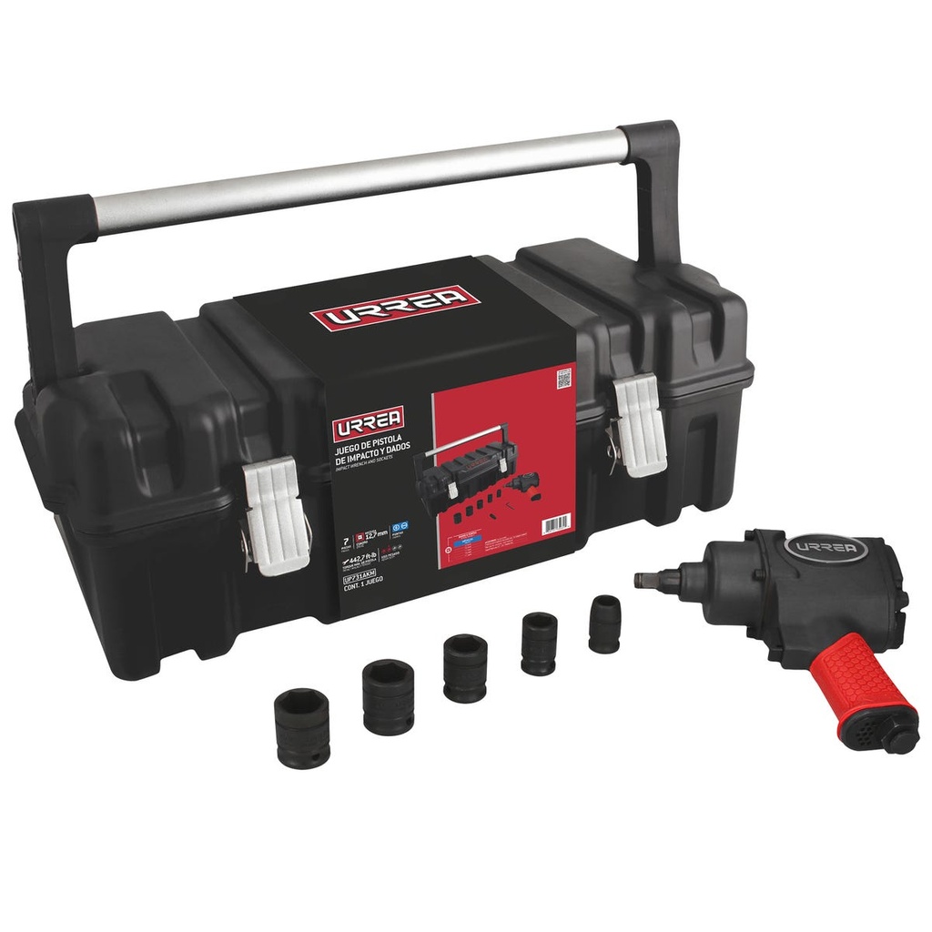 Juego de pistola de impacto neumática cuadro de 1/2" y accesorios métricos,7 piezas Urrea