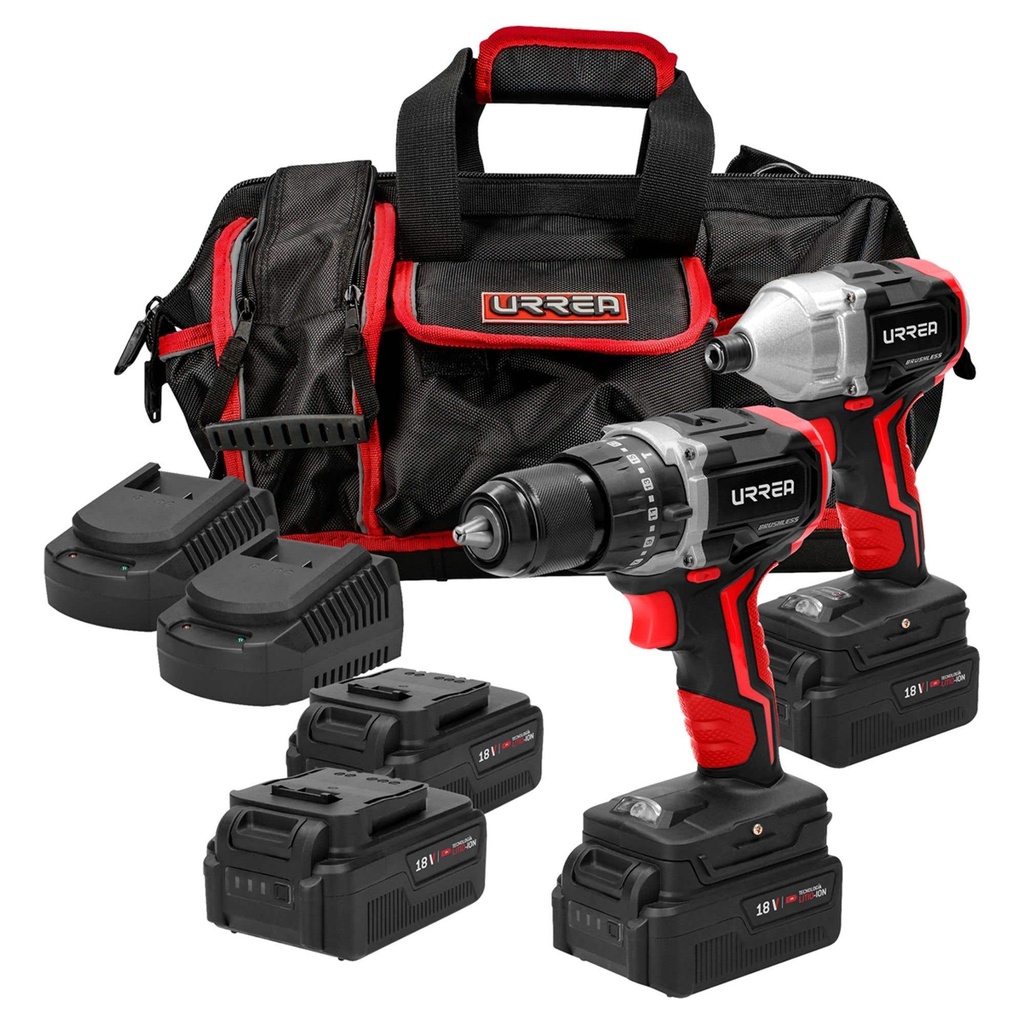 Juego de rotomartillo y atornillador de impacto a batería Li-ion 18 V, 3 piezas en maleta Urrea