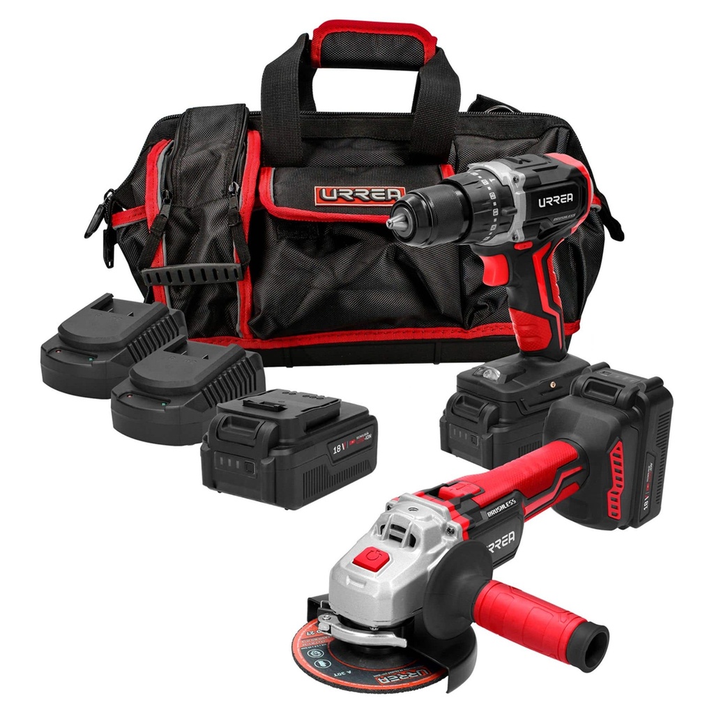 Juego de rotomartillo y esmeriladora a batería Li-ion 18 V, 3 piezas en maleta Urrea