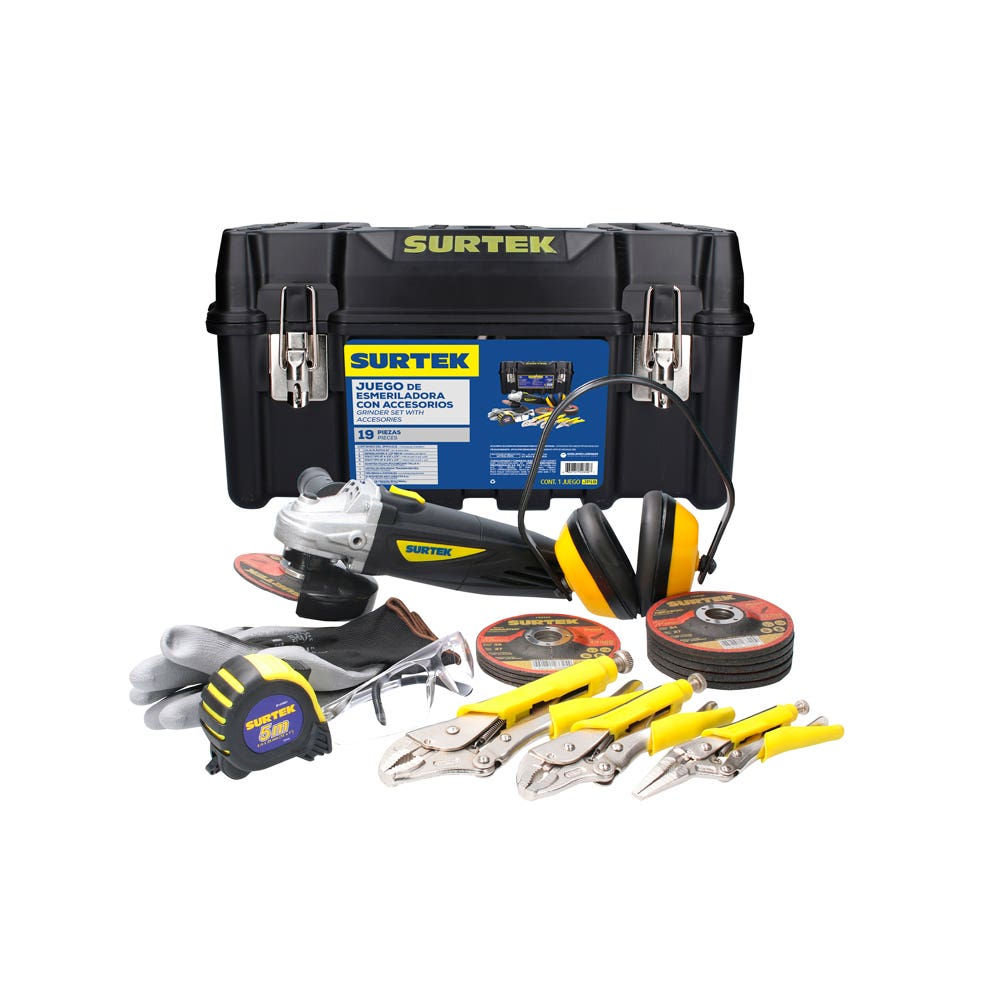 Juego combinado de herramienta con esmeriladora 19 piezas, con caja plástica Surtek