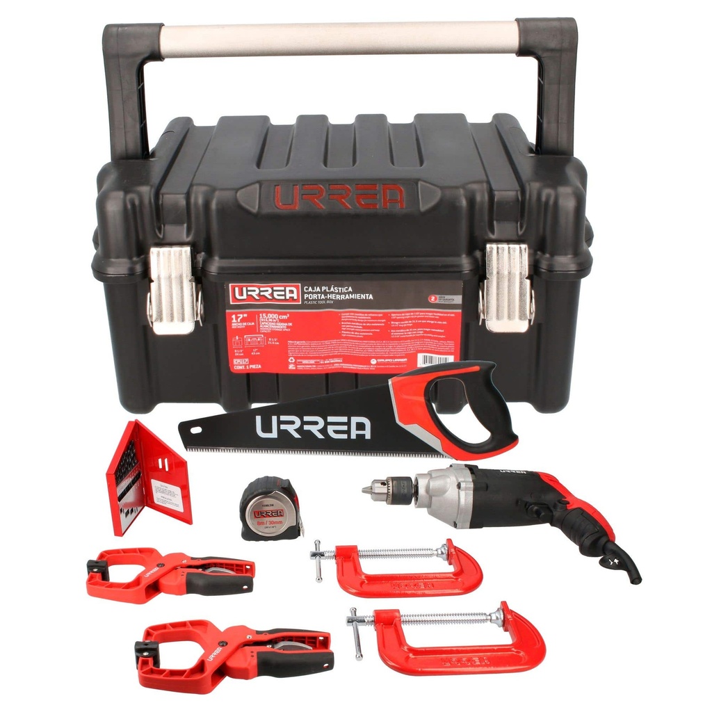 Juego de herramientas con taladro 21 piezas, caja plástica Urrea