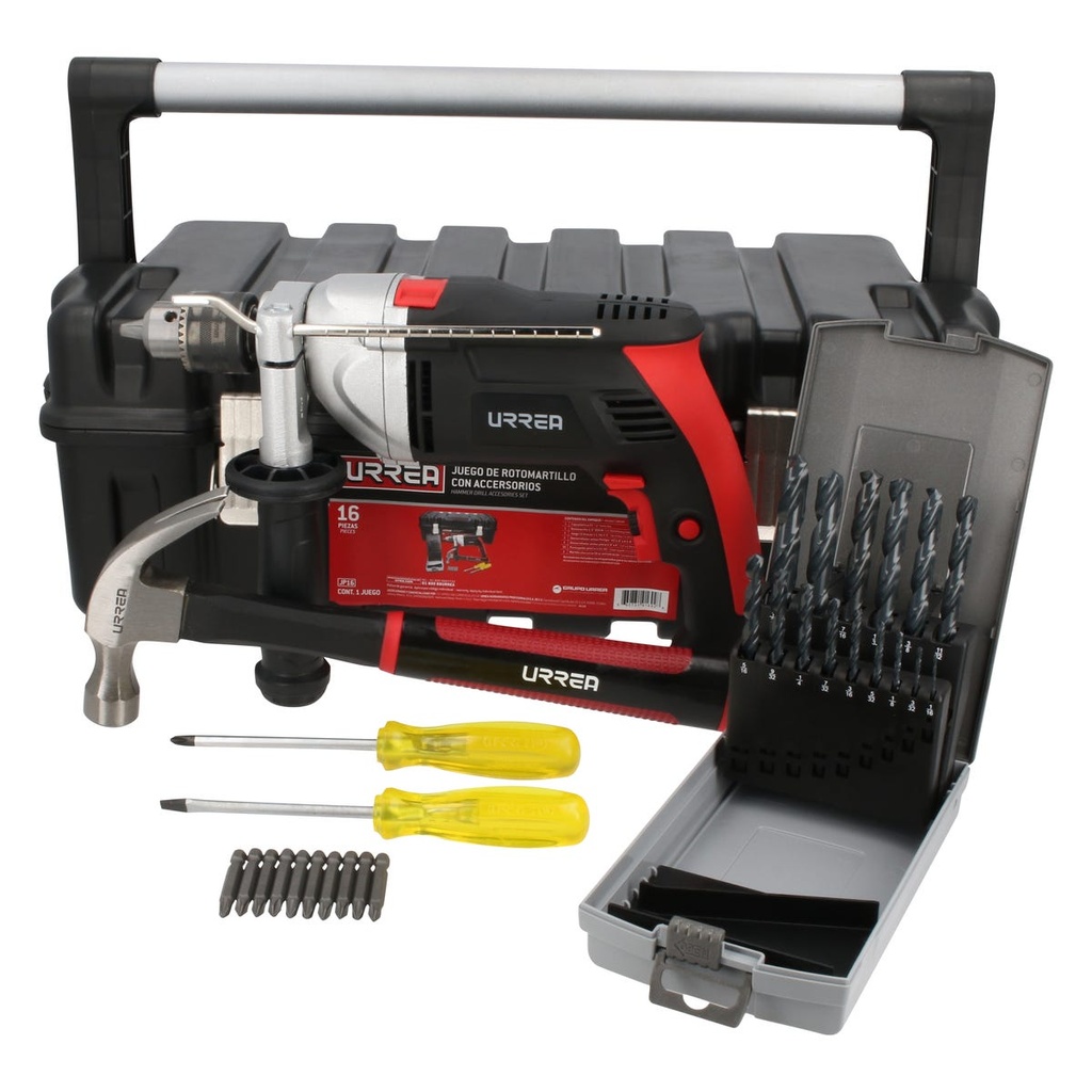 Juego de rotomartillo con accesorios 16 piezas, con caja plástica Urrea