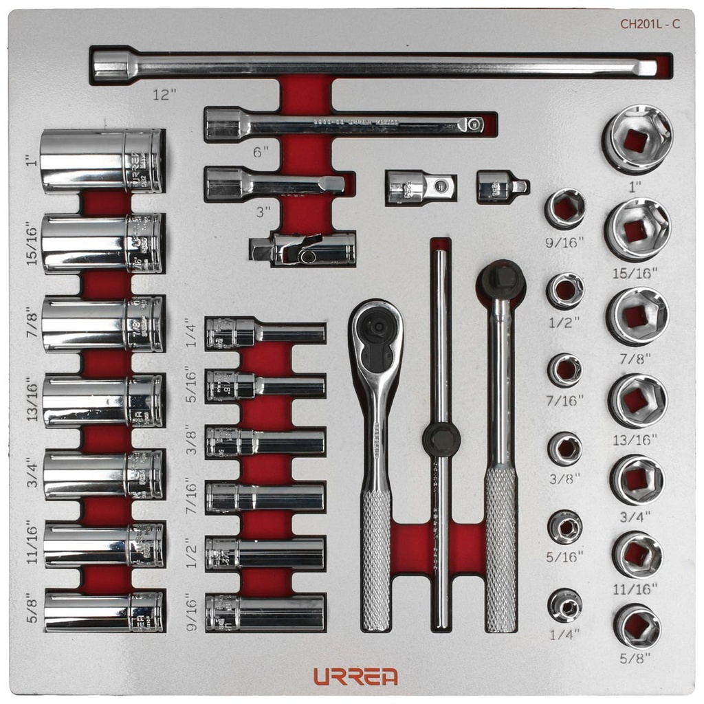 Juego de dados cortos,largos y accesorios cuadro de 3/8" en pulgadas 35 piezas, CH201L-C Urrea