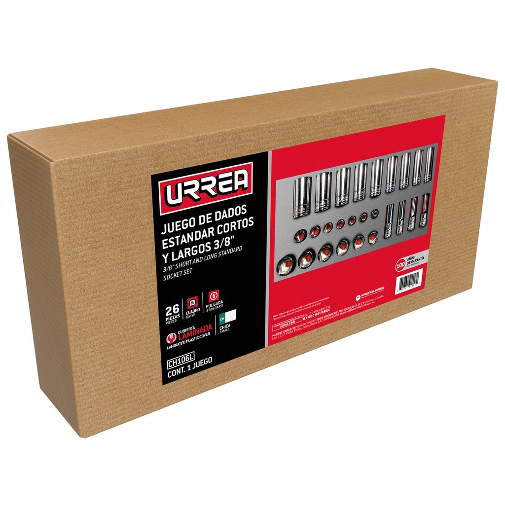 Juego de dados cortos y largos cuadro de 3/8" en pulgadas 26 piezas, CH106L-C Urrea