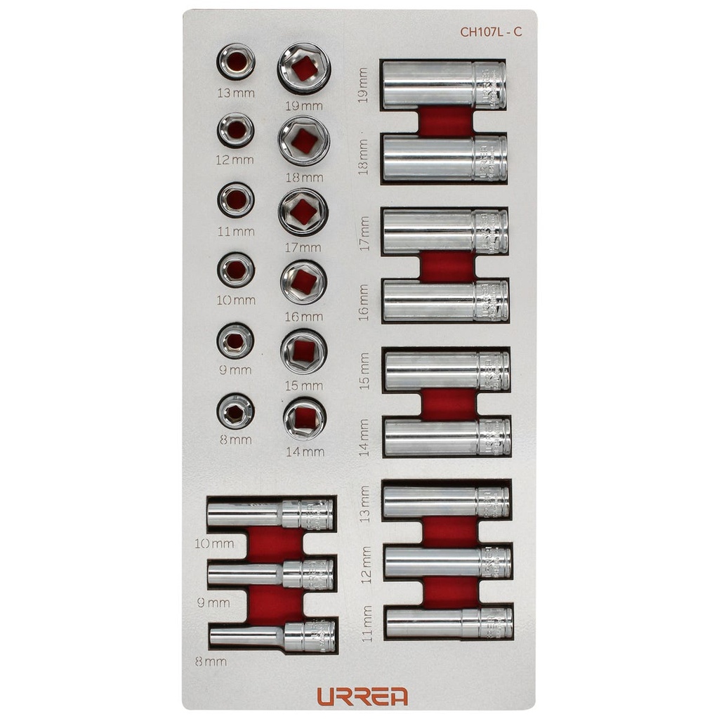 Juego de dados cortos y largos cuadro de 3/8" métricos 24 piezas, CH107L-C Urrea