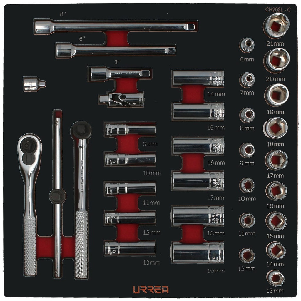 Juego de dados cortos,largos y accesorios cuadro de 3/8" métricos 35 piezas, CH202-C Urrea