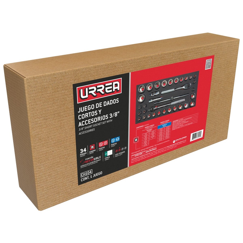 Juego de dados cortos y accesorios cuadro de 3/8" combinados 34 piezas, CH104-C Urrea