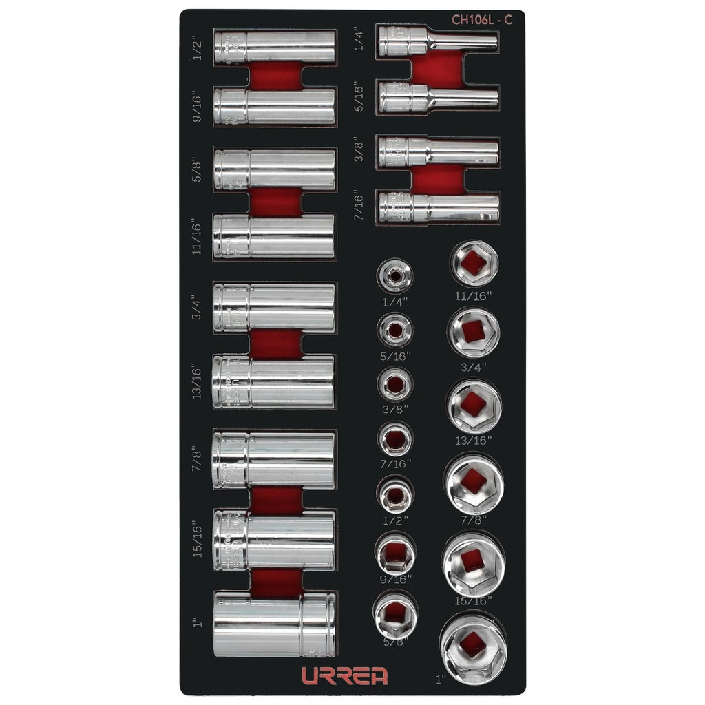 Juego de dados cortos y largos cuadro de 3/8" en pulgadas 26 piezas, CH106-C Urrea