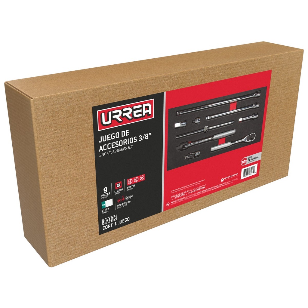 Juego de accesorios cuadro de 3/8" 9 piezas, CH105-C Urrea