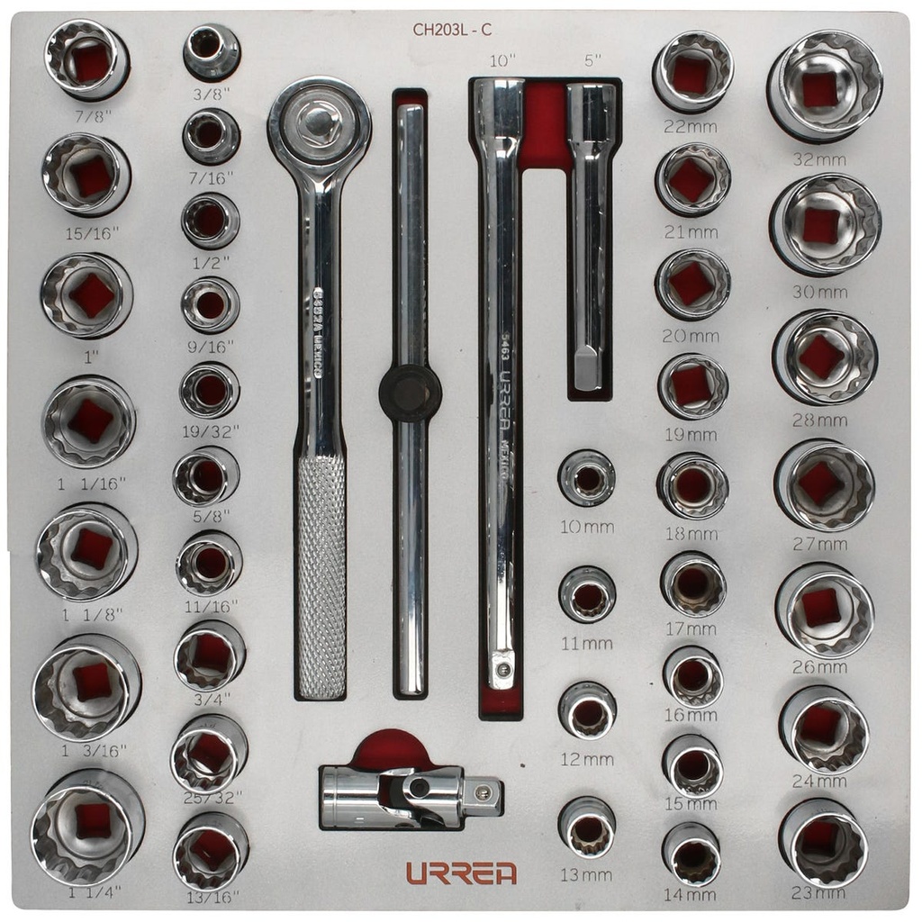 Juego de dados cortos y accesorios de 1/2" combinados 42 piezas, CH203L-C Urrea