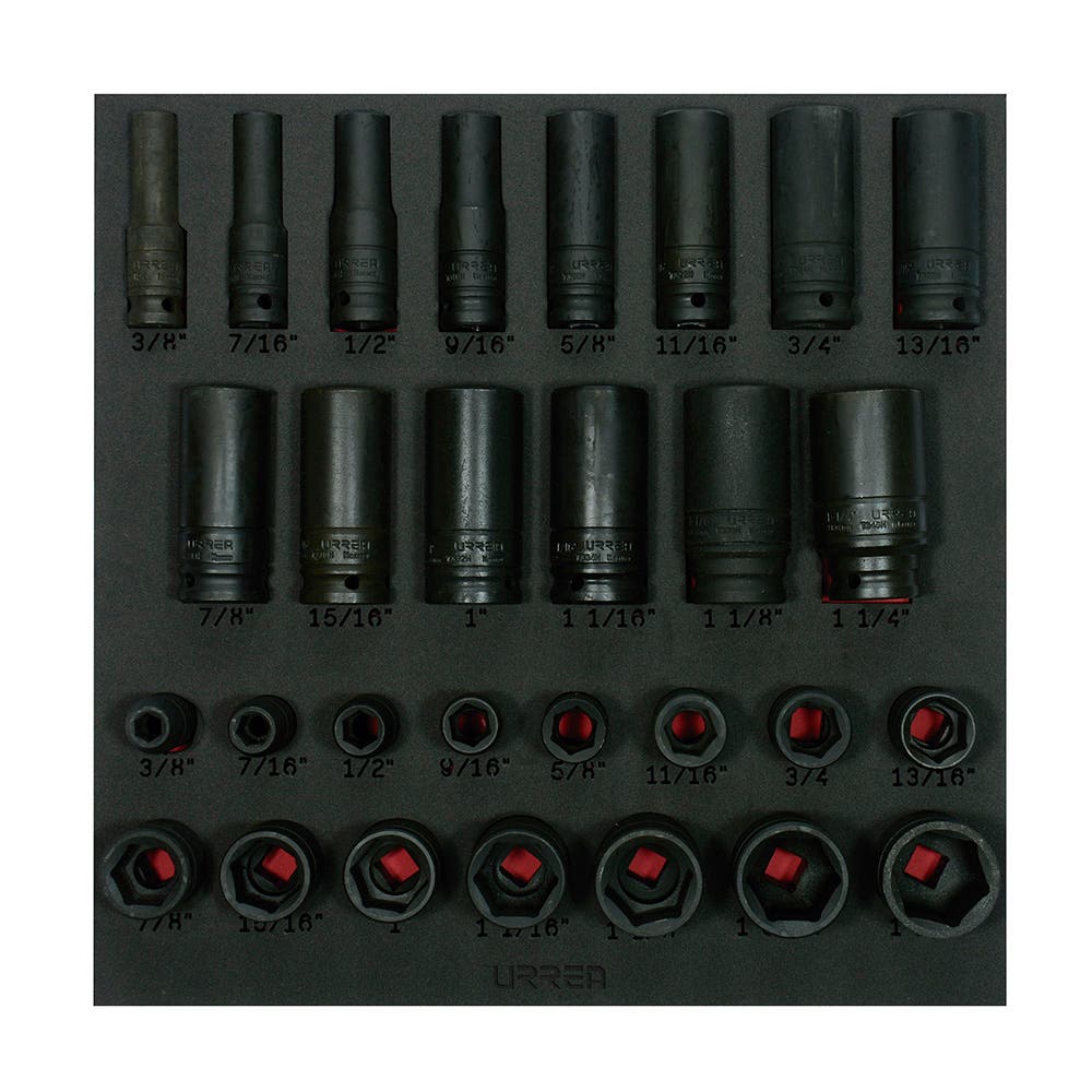 Juego de dados de impacto cortos y largos en pulgadas cuadro de 1/2" 29 piezas, CH218-C Urrea