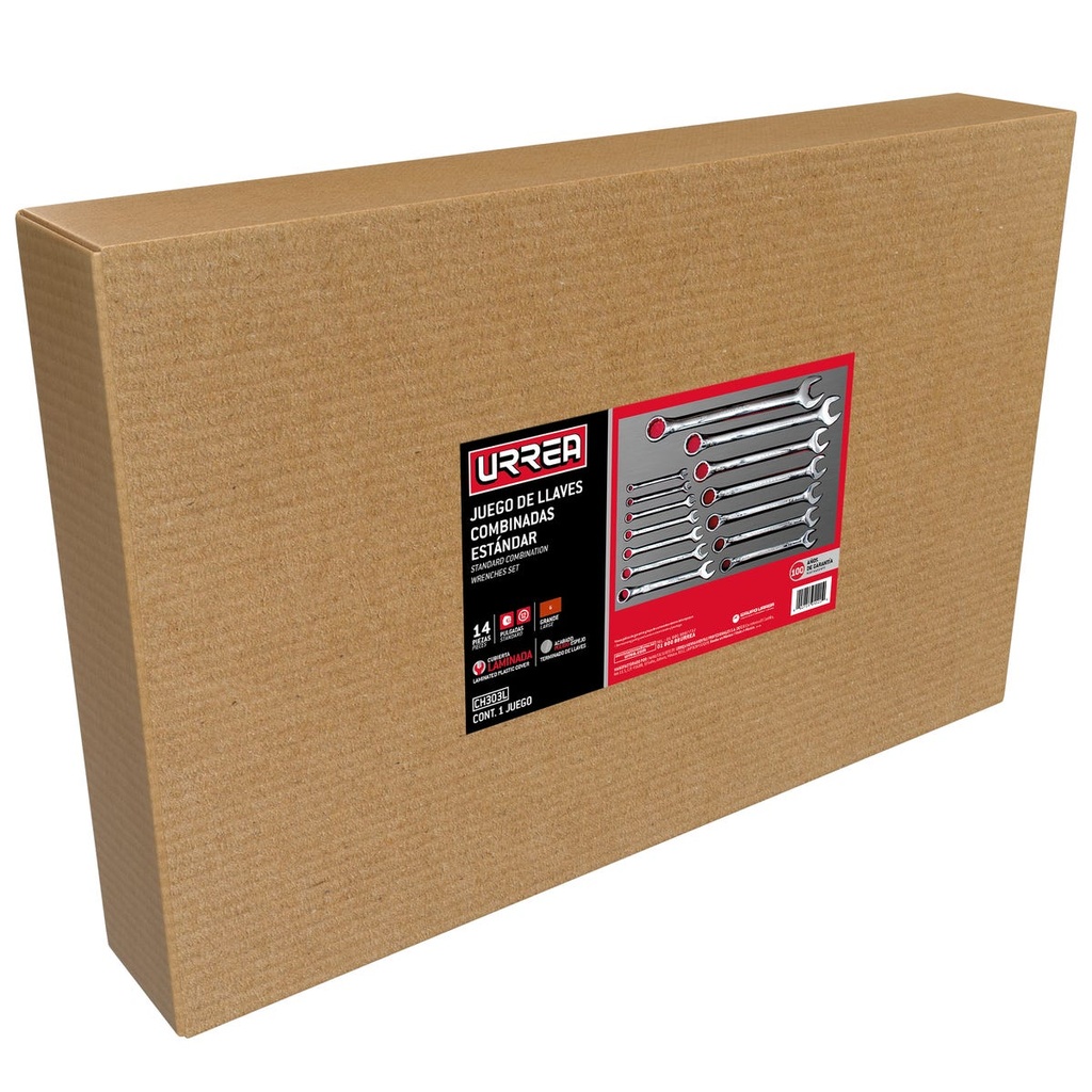 Juego de llaves combinadas pulido espejo en pulgadas 14 piezas, CH303L-C Urrea