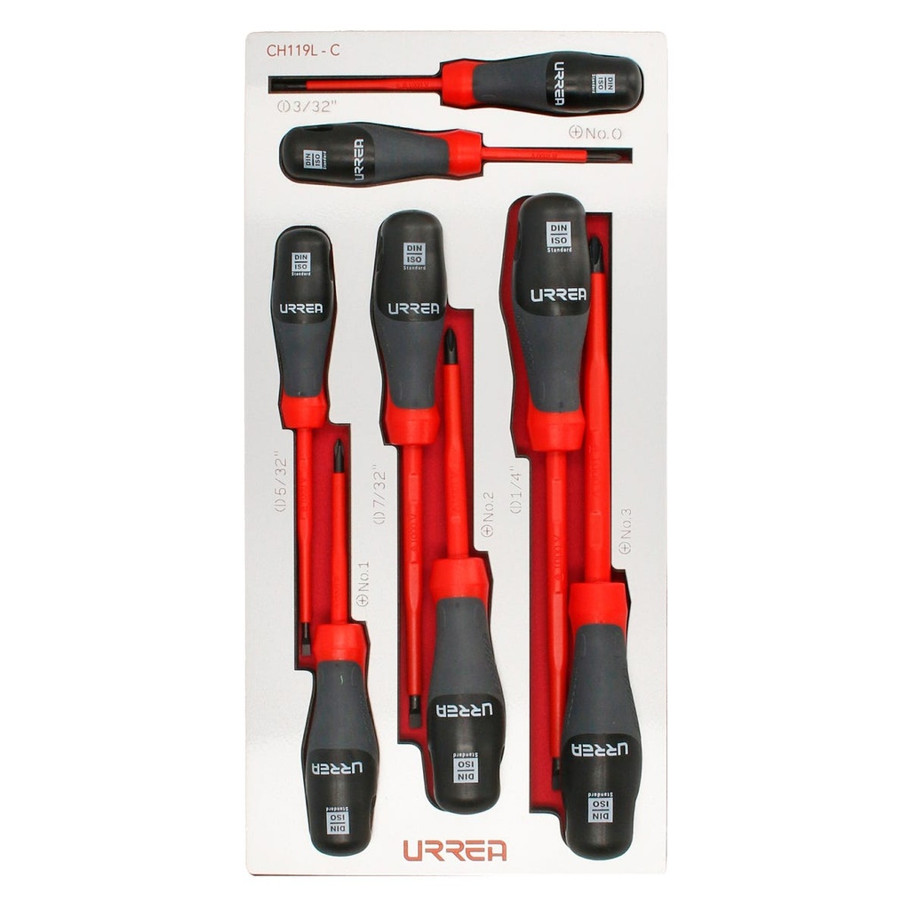 Juego de destornilladores con mango trimaterial 1000 V, varias puntas 8 piezas, CH119L-C Urrea