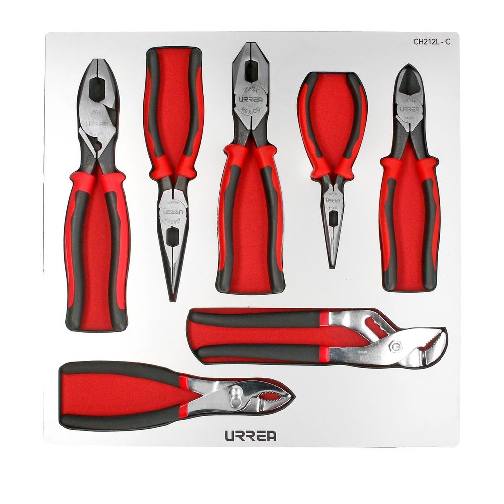Juego de pinzas bimaterial 7 piezas, charola CH212L-C Urrea