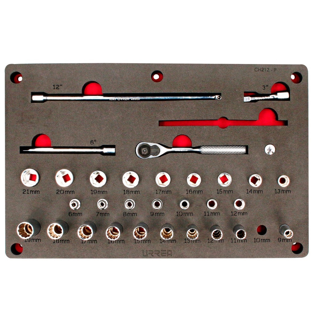 Juego de dados y accesorios cuadro de 3/8" combinados 35 piezas, CH212P-C Urrea