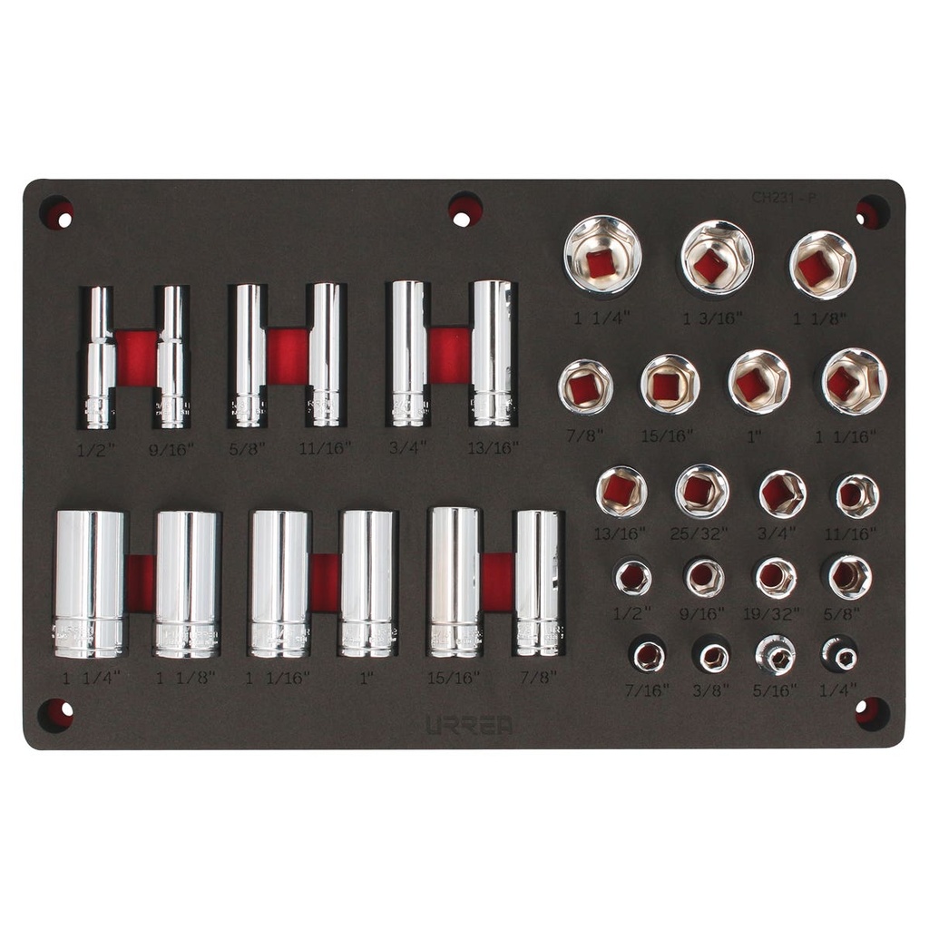 Juego de dados en pulgadas cuadro de 1/2" 32 piezas, CH231P-C Urrea