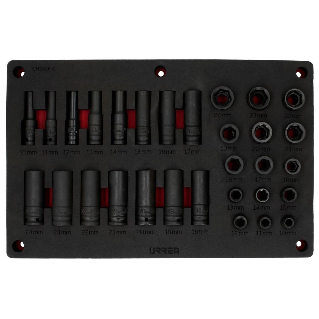 Juego de dados de impacto métricos cuadro de 1/2" 30 piezas, CH242P-C Urrea